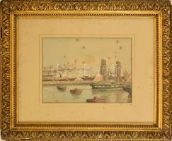 XIX. sz vége: Schiler 93 jelzéssel: Trieszti kikötő, Akvarell, papír, Foltos. 25x35 cm Üvegezett ker...
