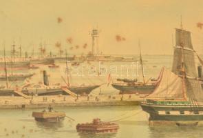 XIX. sz vége: Schiler 93 jelzéssel: Trieszti kikötő, Akvarell, papír, Foltos. 25x35 cm Üvegezett ker...