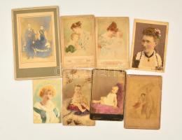 cca 1900-1910 Vegyes fotó tétel, 8 db, festett keményhátú fotók és festett fotók kartonon, 14x8 cm és 14x10 cm közötti méretben
