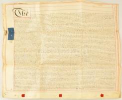 1835 Anglia: Közjegyző által ellenjegyzett szerződés 2 db nagy méretű pergamen oklevélen 77x65 cm