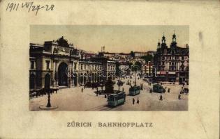 1911 Zürich, Bahnhofplatz / railway station, trams (Rb)