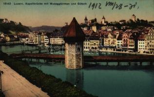1912 Luzern, Lucerne; Kapellbrücke mit Museggtürmen und Gütsch / bridge, tower. Wehrli A.-G. (r)