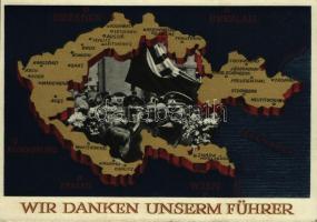 Wir danken unserm Führer / NSDAP German Nazi Party propaganda, Adolf Hitler, Konrad Henlein, map of the Czech Republic, swastika. 6 Ga.
