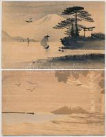 14 db RÉGI japán művész képeslap fakéregből / 14 pre-1945 Japanese wooden art motive postcards