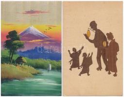 14 db RÉGI japán művész képeslap fakéregből / 14 pre-1945 Japanese wooden art motive postcards