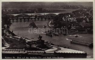 Koblenz, Blick auf das deutsche Eck und Adolf Hitler-Brücke / monument, bridge