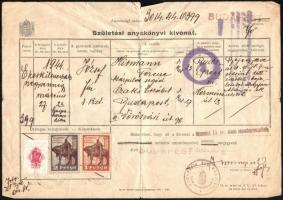1944 Születési anyakönyvi kivonat 2P okmánybélyeggel, 1P + 2P Budapest fővárosi illetékbélyeggel, a hátoldalon névmagyarosításra vonatkozó záradék