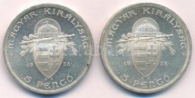 1938. 5P Ag "Szent István" (2x) T:1- patina, kis ph. Adamo P8.1
