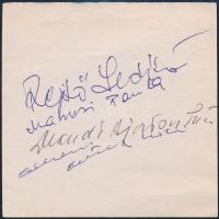 1964 Az 1964-es Tokiói olimpián aranyérmes női tőrcsapat 3 tagjának aláírásai (Rejtő Ildikó, Marosi Paula, Ágoston Judit) papírlapon, egy azonosítatlan aláírással.