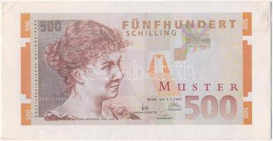 Ausztria ~1997. 500 és 1000 Schillinges MUSTER (MINTA) feliratú bankjegyeinek előlapi képe borítékon, a boríték hátoldalán a biztonsági elemek leírásával + PALMERS bankjegy alakú utalvány 100Sch-ről T:I-