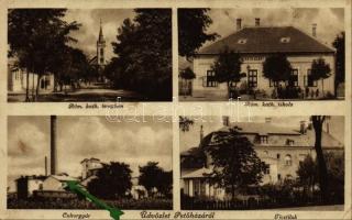 1935 Petőháza, Római katolikus templom és iskola, tisztilak, cukorgyár + "GYŐR-SOPRON 57." mozgóposta bélyegzéssel (EK)