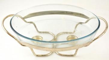 Ezüstözött alpakka ételmelegítő, pótolt üvegtállal, 42×24,5 cm, m:12,5 cm