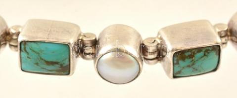 Ezüst(Ag) türkizzel és gyöngyökkel díszített karkötő, jelzett, h: 17 cm, bruttó: 24,5 g