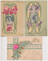 3 db RÉGI díszes litho motívum képeslap: szecessziós üdvözlőlapok, vegyes minőség / 3 pre-1905 decorated litho motive postcards in mixed quality: Art Nouveau greetings