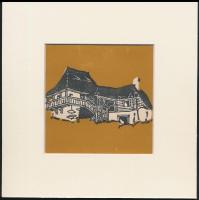Kós Károly (1883-1977): Ház, színes linómetszet, papír, jelzés nélkül, paszpartuban, 12×12 cm