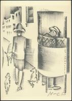 Molnár C. Pál (1894-1981): Fülkében, kis szériás ofszet, papír, 29,5×21 cm