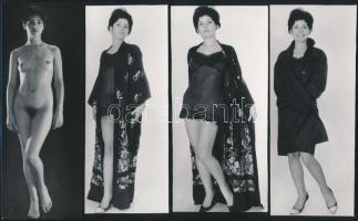 cca 1970 A tavaszi ballonkabát izgalmas titkai, szolidan erotikus felvételek, 7 db vintage fotó, 15,3x5,7 cm és 17,4x7,5 cm között