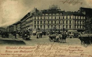 1899 Budapest VI. Teréz körút, lovaskocsik, Deményi és Angyal kerékpár üzlete, Cseléd-Intézet, Komlódi Jakab és Duschkau Adolf üzlete (EK)