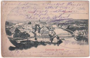 1903 Győr, Újváros, Sziget-rész, Rába híd, zsinagóga. Berecz Viktor kiadása (EK)