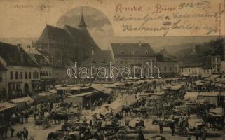 1902 Brassó, Kronstadt, Brasov; Fő tér, piac, J.L. & A. Hesshaimer, Nicolae Dusoiu és Wilhelm Scherg üzlete / main square, market, shops (EK)