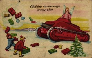 1940 Boldog Karácsonyi Ünnepeket! tank angyallal / Christmas greeting art postcard with angel and tank (Rb)