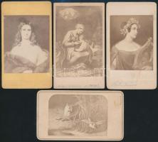 cca 1868 Kolozsvár, Veress Ferenc felvételei különféle műtárgyakról, 4 db vintage fotó, vizitkártya méretben, az összeállítás érdekessége, hogy a képek hátoldalán négy különböző grafika reklámozza a híres erdélyi fényképész munkásságát, ebből kettő a műteremházakat ábrázolja, 10,5x6 cm