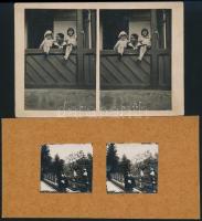 cca 1939 Sztereo fényképek, 2 db vintage fényképpár, kartonra felragasztva, 4,5x4,5 cm és 8,6x5,9 cm, karton 8,5x17,5 cm és 10x14,7 cm