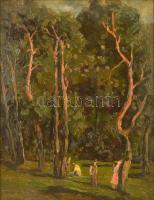 Perlmutter Izsák (1866-1932): Piknikezők az erdőben. Olaj, karton, jelzett, keretben, hátoldalán a Magyar Nemzeti Galéria bírálati címkéjével (224/1964), 46×35 cm
