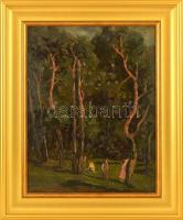 Perlmutter Izsák (1866-1932): Piknikezők az erdőben. Olaj, karton, jelzett, keretben, hátoldalán a M...