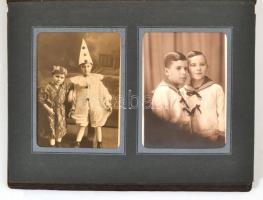 Fotóalbum, amelyben 48 db privát fénykép található, kb. 1910 és 1945 között készültek, az album is jó állapotban van, ún. napfénypapírok (puha, vékony anyag) tárolására szolgál, a fotók mérete 9x12 cm, az album 24x18x3 cm