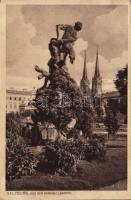 Salzburg, Aus dem Mirabellgarten / garden, monument, church (worn corners)