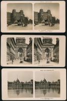 cca 1910 5 db sztereófotó Budapestről (Szent István Bazilika, Andrássy út, Korcsolyázók csarnoka, Kilátás a várkertből, Népszínház), valamint egy azonosítatlan fotólap, 9x18 cmx5 és 8x13 cm