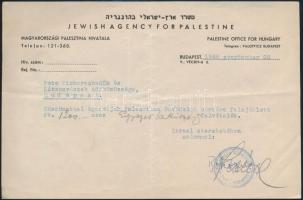 1948 Bp., Jewish Agency for Palestina által kiállított igazolás adományról