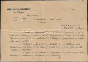 1944 Bp., Zsidó bérlő kiköltözéséig kötelező költségek megfizetéséről szóló, a Magyar Királyi Államvasutak által küldött levél