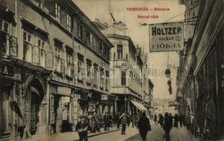 Temesvár, Timisoara; Belváros, Merczi utca, Holtzer Kálmán fiókja, üzletek / street, shops  (EK)