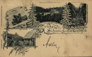 1899 (Vorläufer!!!) Szebenjuharos, Hohe Rinne, Paltinis; Grüss aus den Siebenbürgischen Karpaten! Presba-Schutzhütte, Landskrone, Kurhaus, Zibinsklamm. Siebenbürgischer Karpaten-Verein, C. Pietzner / Üdvözlet az Erdélyi Kárpátokból... gyógyház, vendégházak, szikla. Az Erdélyi (Szász) Kárpát Egyesület kiadása / spa, guest houses, floral Art Nouveau