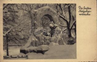 1939 Wien, Vienna, Bécs III. Strauss-Denkmal, Die besten Neujahrswünsche / Johann Strauss monument in winter, New Year greeting card (EK)