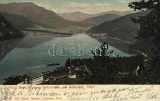 1904 Achenkirch (Tirol), Hotel Seehof gegen Scholastika am Achensee / hotel, lake, steamship