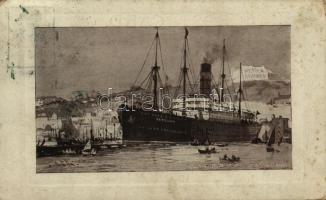 Trieszt, Pannónia kivándorlási hajó a kikötőben / Trieste, Emigration ship Cunard RMS Pannonia in the port (EK)