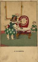 Fogkefe. Egy jó kislány viselt dolgai I. sorozat 1. szám / Toothbrush. Hungarian art postcard s: Kozma Lajos (gyűrődés / crease)