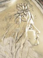 Szecessziós női fejes tálka, fém, jelzés nélkül, 12,5×13 cm