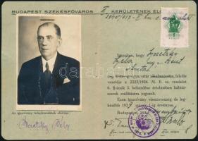 1939 Bp., Budapest székesfőváros XI. kerültének elöljárója által kiállított fényképes igazolvány, okmánybélyeggel