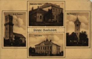 1928 Olaszliszka, Református templom és iskola, Római katolikus templom és iskola. Osztrovics József kiadása (EM)
