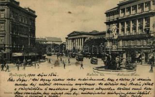 1900 Budapest VIII. Kálvin tér, szökőkút, villamos, Nemzeti Múzeum, üzletek. Schmidt Edgar (EK)