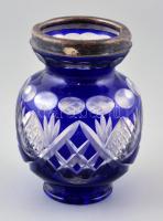 Csiszolt kétrétegű ólomkristály váza, horpadt, jelzett ezüst peremmel, karcolásokkal, csorbával m:14 cm