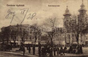 1907 Győr, Széchenyi tér, Győri Lloyd, piac, utcai árusok, templom. Berecz Viktor kiadása (fl)