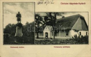 1908 Kápolnásnyék, Kápolnás-Nyék; Vörösmarty szobor, Vörösmarty Mihály szülőháza. Kiadja Wessely Zsigmond