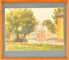 Hende Vince (1892-1957): Hévizi gyógyfürdő. Akvarell, papír, jelzett, üvegezett keretben, 25×32 cm