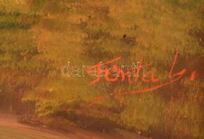 Finta László (1944-): Folyó part házzal. Olaj, farost, jelzett, keretben, 50×70 cm