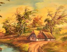 Finta László (1944-): Folyó part házzal. Olaj, farost, jelzett, keretben, 50×70 cm